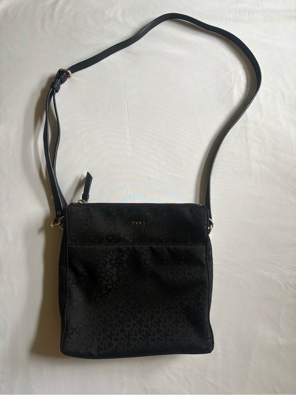 DKNY Black Logo-Print Crossbody Bag with Gold Hardware